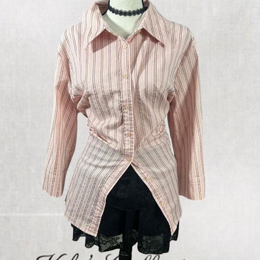 Apt. 9 Vintage Style Barbiecore Office Siren Pink Pinstripe 3/4 Sleeve Top